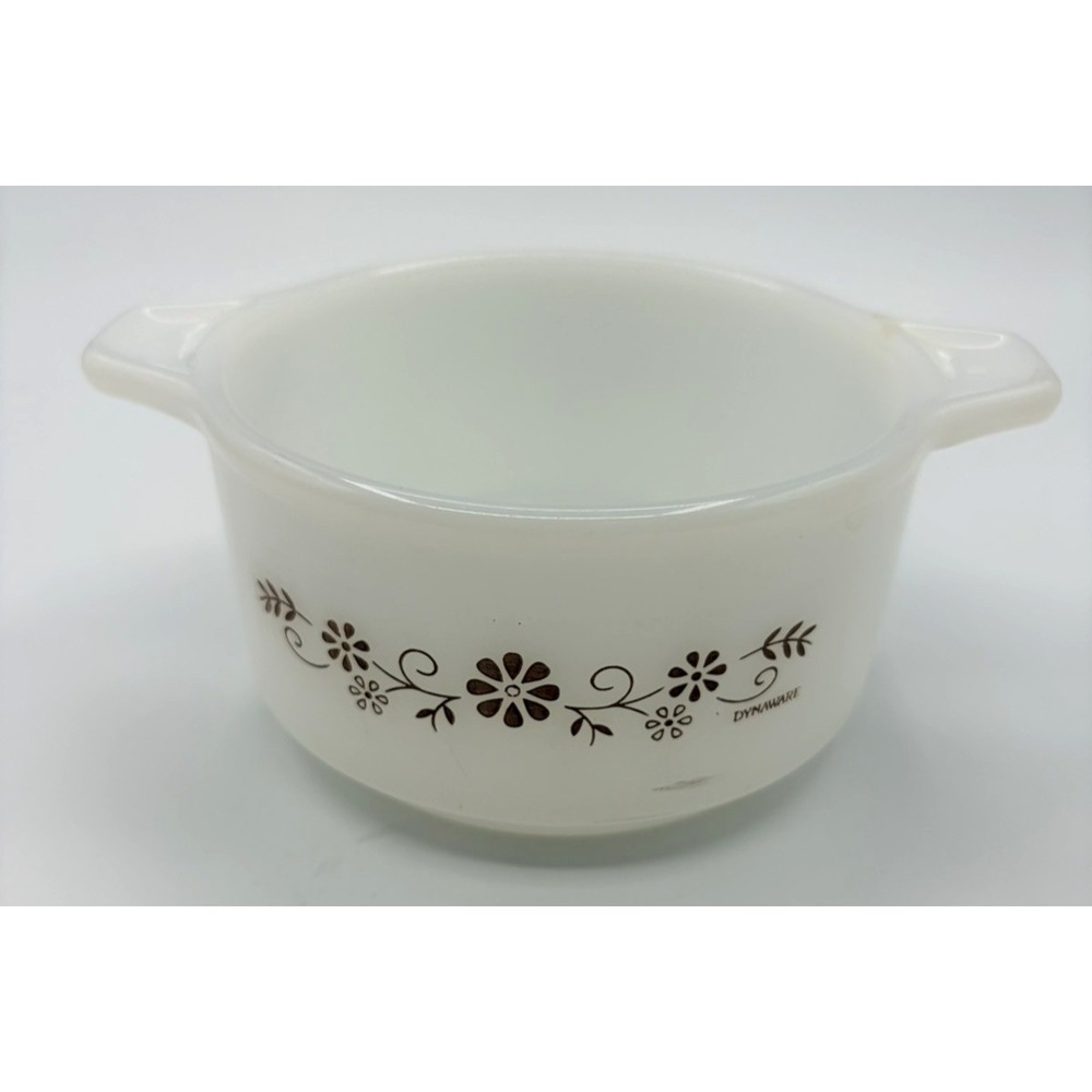 Vtg Pyr-o-rey Dynaware White Milk Glass Small Casserole Dish Brown Daisy 4.5"